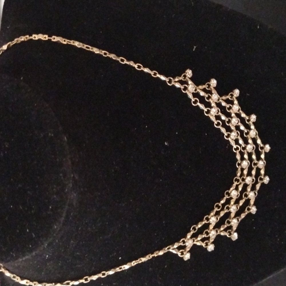 Vintage Gold Tone Loose Mesh Bib Choker Necklace W/ Crystal Rhinestones